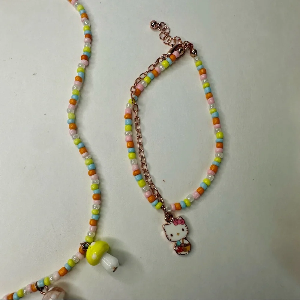 Hello Kitty Matching Multicolor Bead & Charm Necklace and Bracelet Set